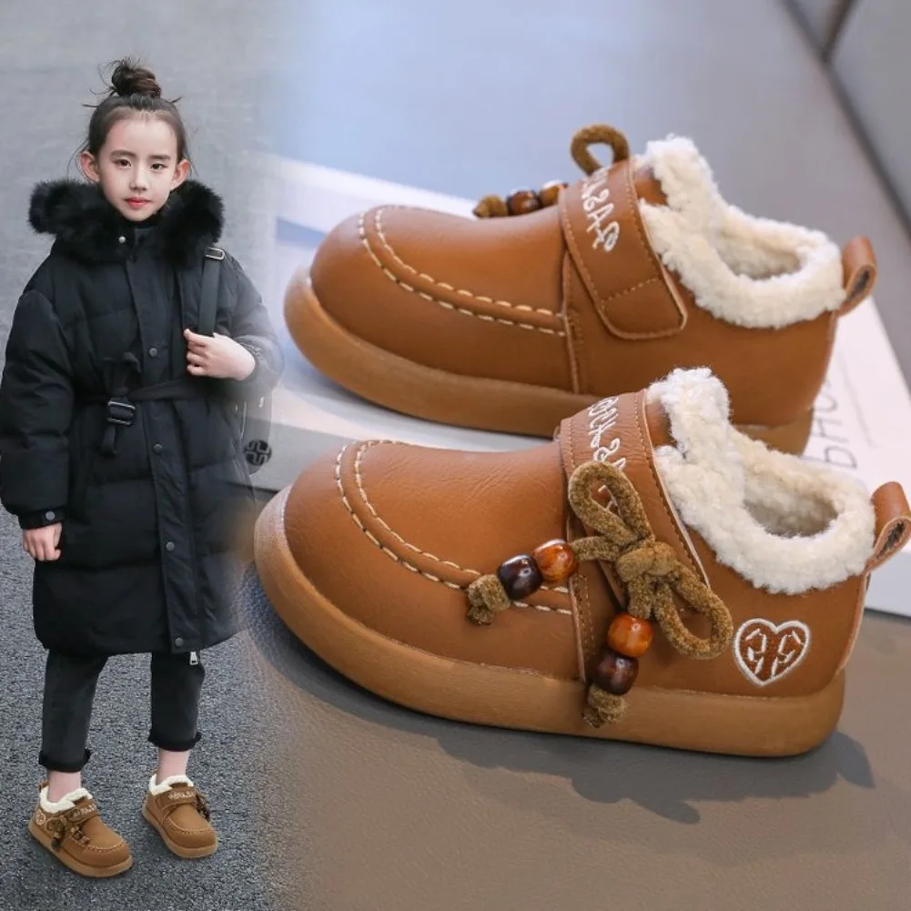 

New Winter Kids Outdoor Cotton Shoes 2025 Fashion Girls Warm Plush Shoes Sweet Bowknot Children's Causal Princess Shoes Non-slip