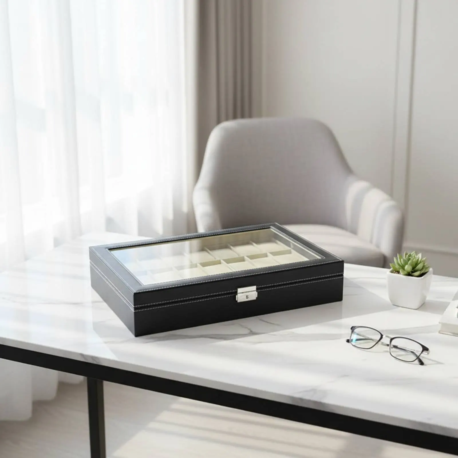 

24 Compartment Watch Box Soft Soft Lining Watch Display Case with Glass Top Clean-Keeping-Resistant Removable Pillows for Men
