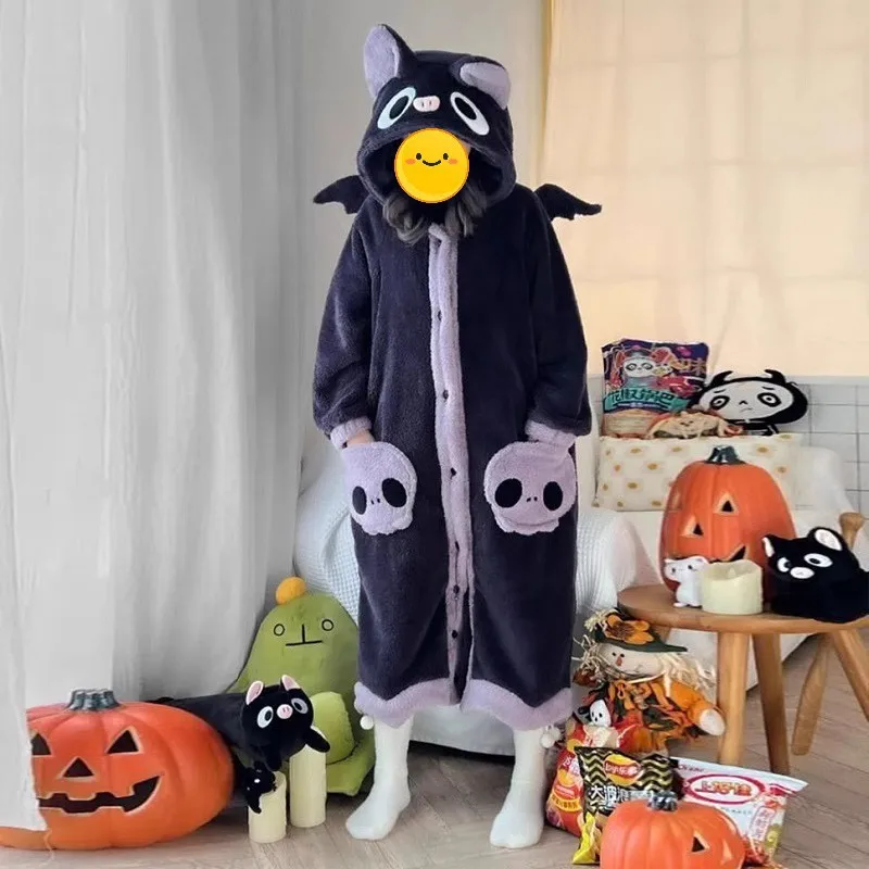 

Halloween Wacky Cartoon Robe Autumn Winter Girl Thicken Sleepwear Woman Homewear Keep Warm Wearable As Outerwear Nightgown Suit