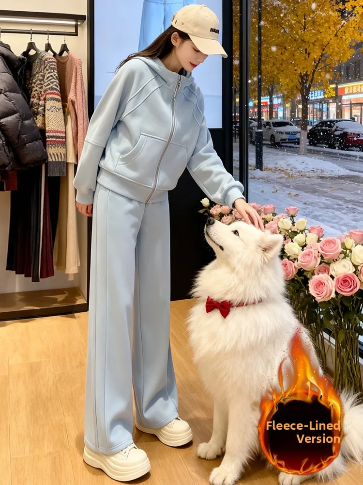 

Chic Blue Fleece Lined Women's Winter Casual Outfit Two-Piece Set Long Sleeve Hoodie Top And Wide Leg Pants Anti-Aging