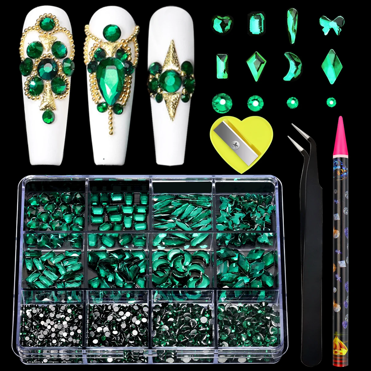 Green Blue Black Glass Crystal Diamond Nail Art Rhinestones Multi-Shaped Flat Bottom Charms 12 Grids DIY Manicure Accessories