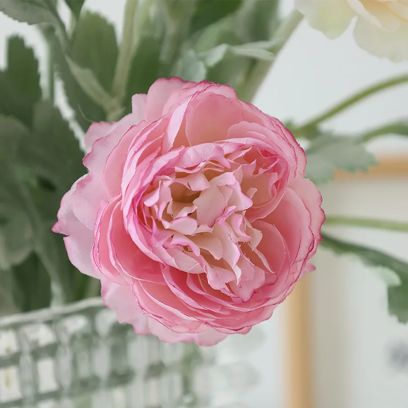 Artificial Peony Flower Single 3 Heads Flocking Peony Flower Fake Flower Home Decoration Hotel Wedding Flower Light Luxury Decor