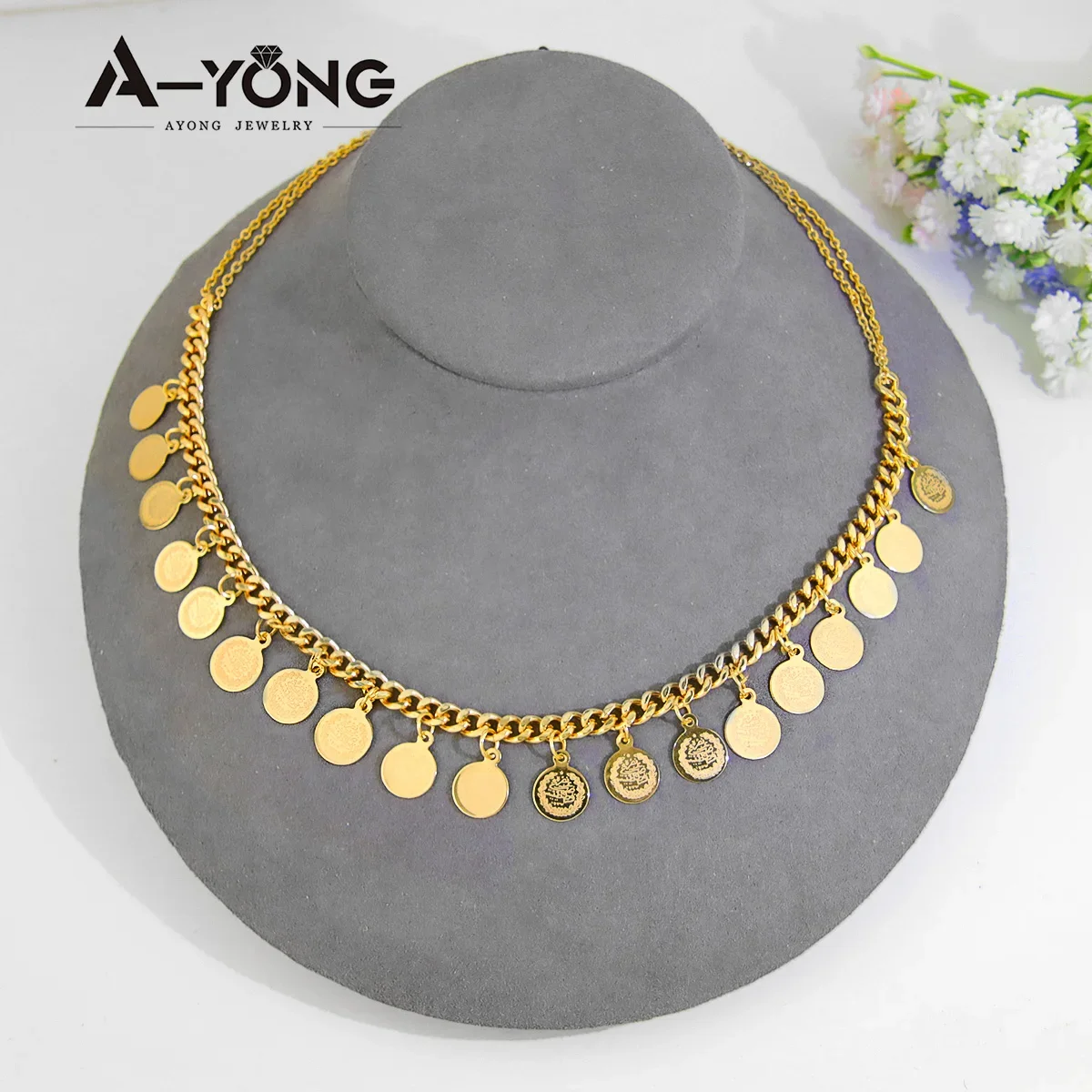 AYONG Arab Coin Necklace Pendant 21k Gold Plated Middle East Turkish Cuban Chain Pendant Women Wedding Banquet Accessories