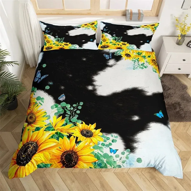 Sunflower Highland Cow Duvet Cover Western Farm Animal Bedding Set Cowhide Comforter Cover Microfiber Twin King Queen Bedclothes