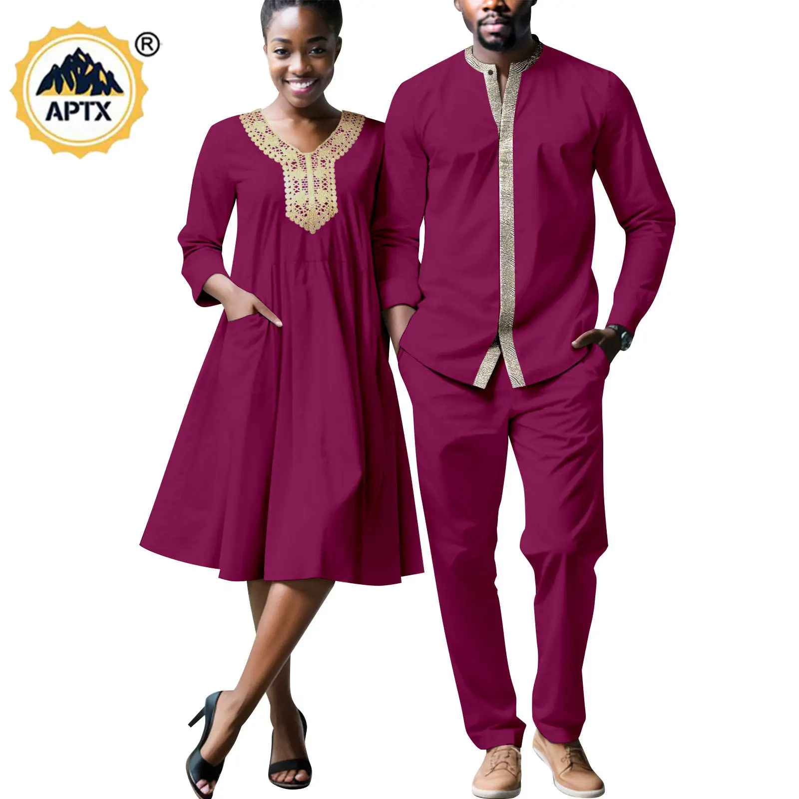 African Dresses for Women Matching Men Top and Pant Sets Dashiki Long Sleeve Couple Outfits Bazin Riche Wedding Wear Y23C113