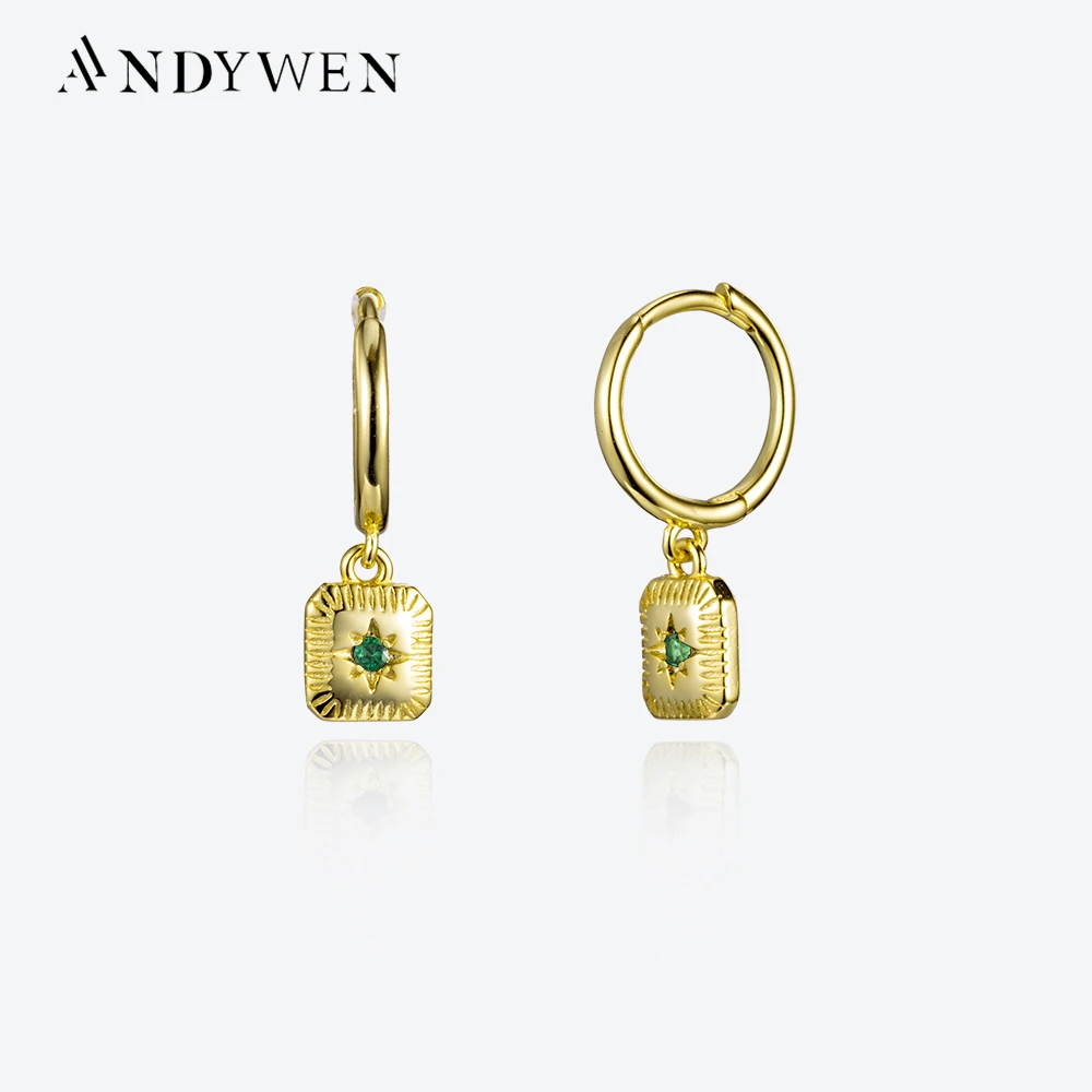 

ANDYWEN 100% 925 Sterling Silver Gold Square Green CZ Drop Earring Clips Women Luxury Fine Jewelry 2022 Wholesales Pirce