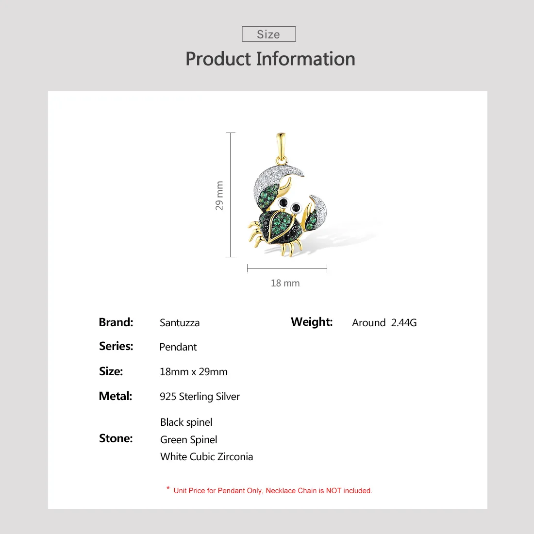 SANTUZZA Authentic 925 Sterling Silver Pendant for Women Sparkling Green Black Spinel White CZ Lovely Crab Fine Jewelry Sets