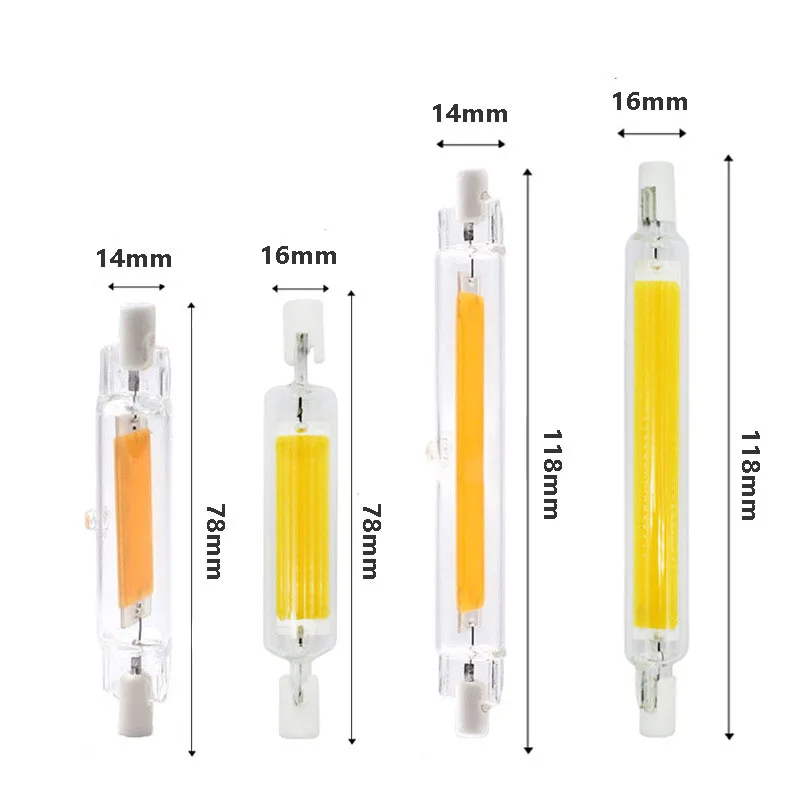 Tubo de vidrio LED R7S COB, 78mm, 118mm, J78 J118, Bombilla COB de alta potencia, AC110V, 120V, 130V, 220V, 230V, 240V, lámpara halógena de repuesto