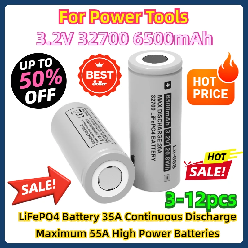 

3-12pcs For Power Tools LII-65S 3.2V 32700 6500mAh LiFePO4 Battery 35A Continuous Discharge Maximum 55A High Power Batteries