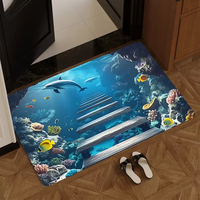 2D Ocean Sea Turtle Door Mat Coral Reef Underwater World Design Soft Non-Slip Home Decor Rug Natural Scenery Carpet for Kitchen