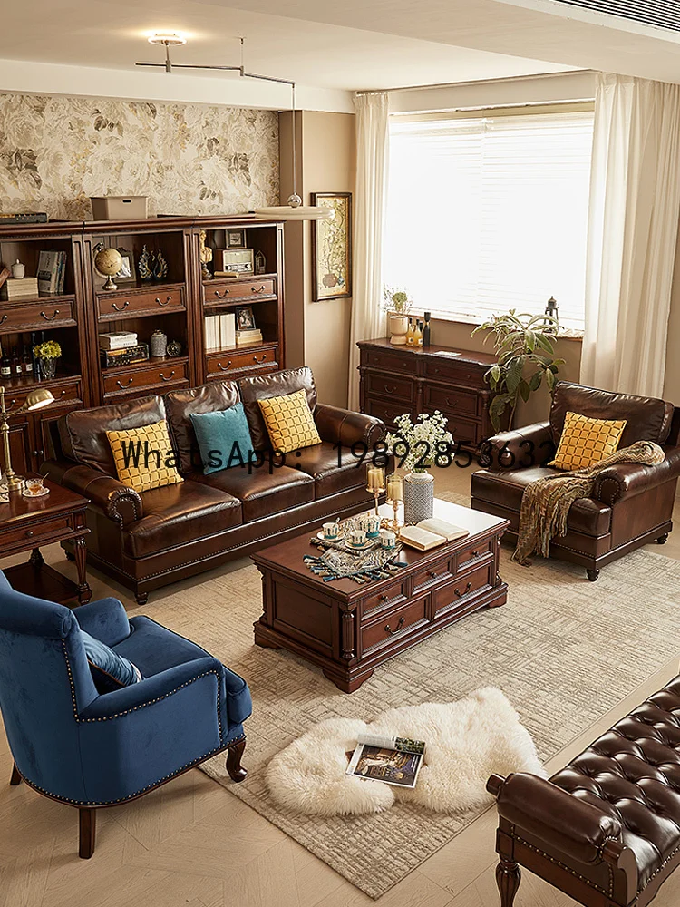 American-style New Classical Teak Solid Wood Long Coffee Table Living Room Furniture with Drawers