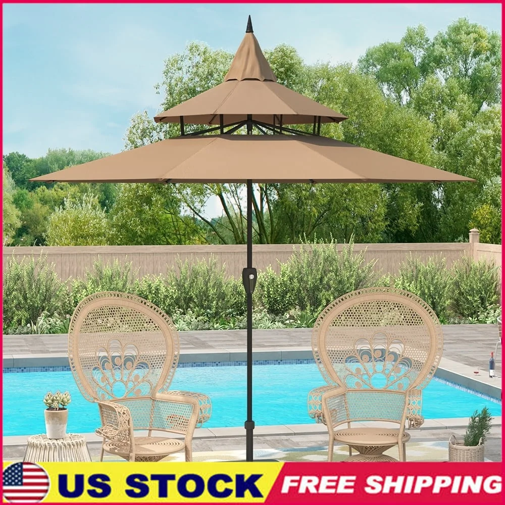 

9ft Patio Umbrella Crank Lift 3-Tier Pagoda Outdoor Market Umbrella Steel Ribs Weather Resistant Garden Deck Backyard Pool