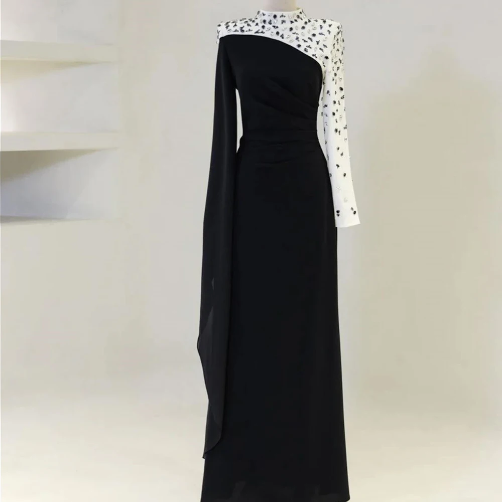 

Customized A-line Evening Dresses Floor-length High-neck Full Sleeve Prom Gown Fashion Crystal Sequined Simple Draped Party Gown