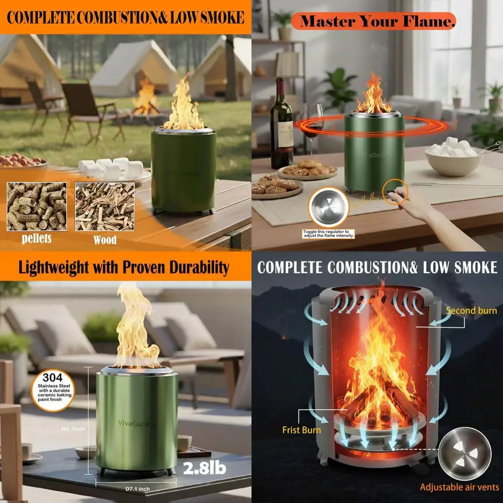 

Portable Outdoor Camping Stove, Smokeless Fire Pit, Wood & Pellet Burner with Carry Bag, Forks, and Mat (9.7x7.1 Inch, Green)