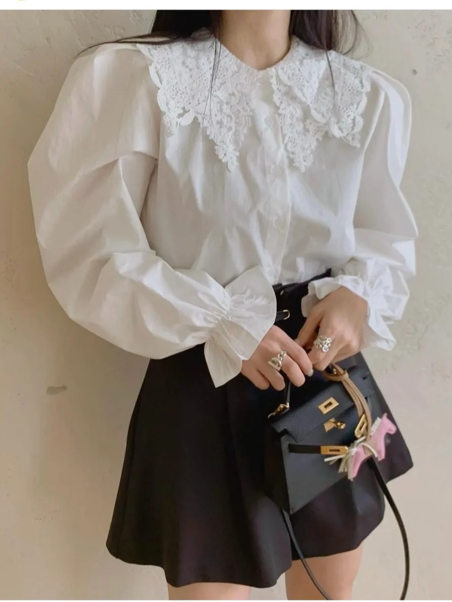 

Chic Student irt Sweet Ruffle Splicing Versatile Long Sve Commute Sle Chinese Brandl Spring Faion Ladies' Blouse