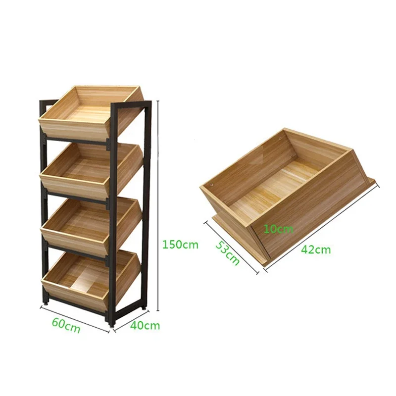 

Customized supermarket grocery vegetable and fruit display rack wooden box dried fruit snack display rack