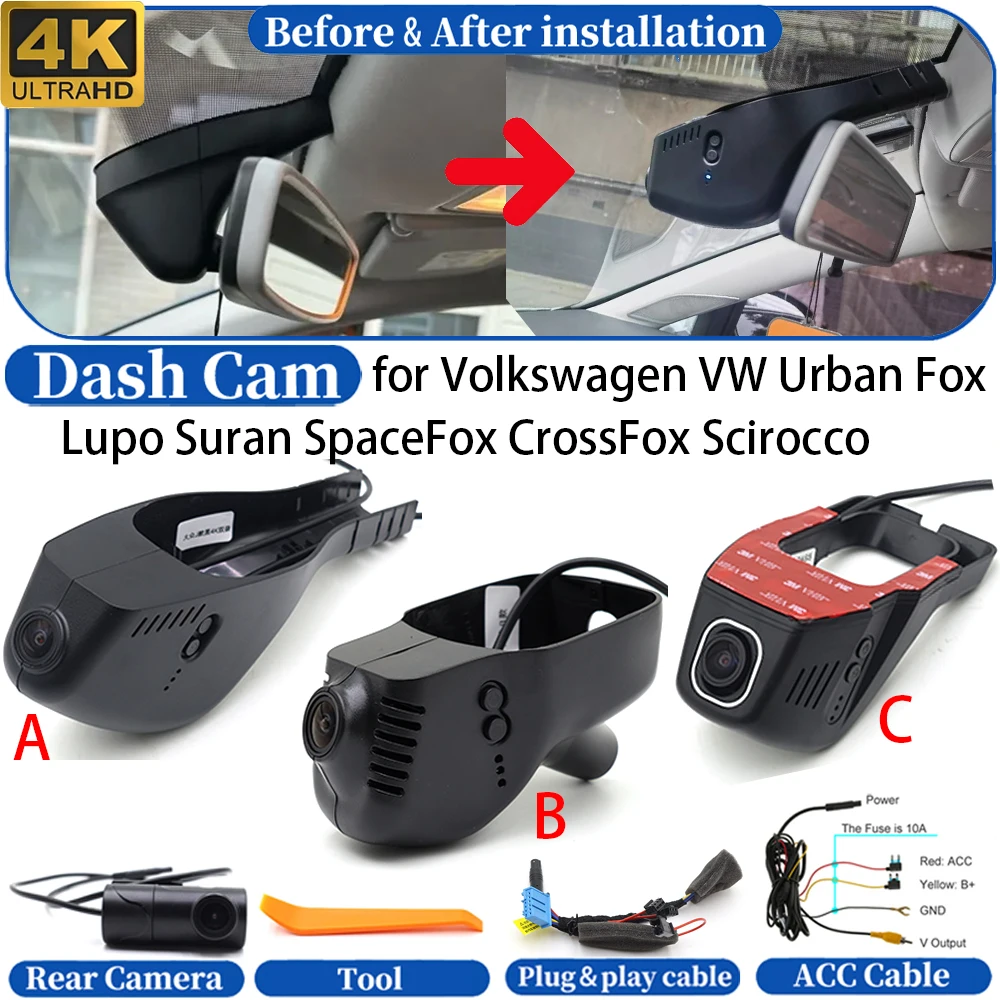 Cámara para Tablero de Instrumentos para Volkswagen VW Urban Fox Lupo Suran SpaceFox CrossFox Scirocco, Grabadora de Video DVR 4K UHD