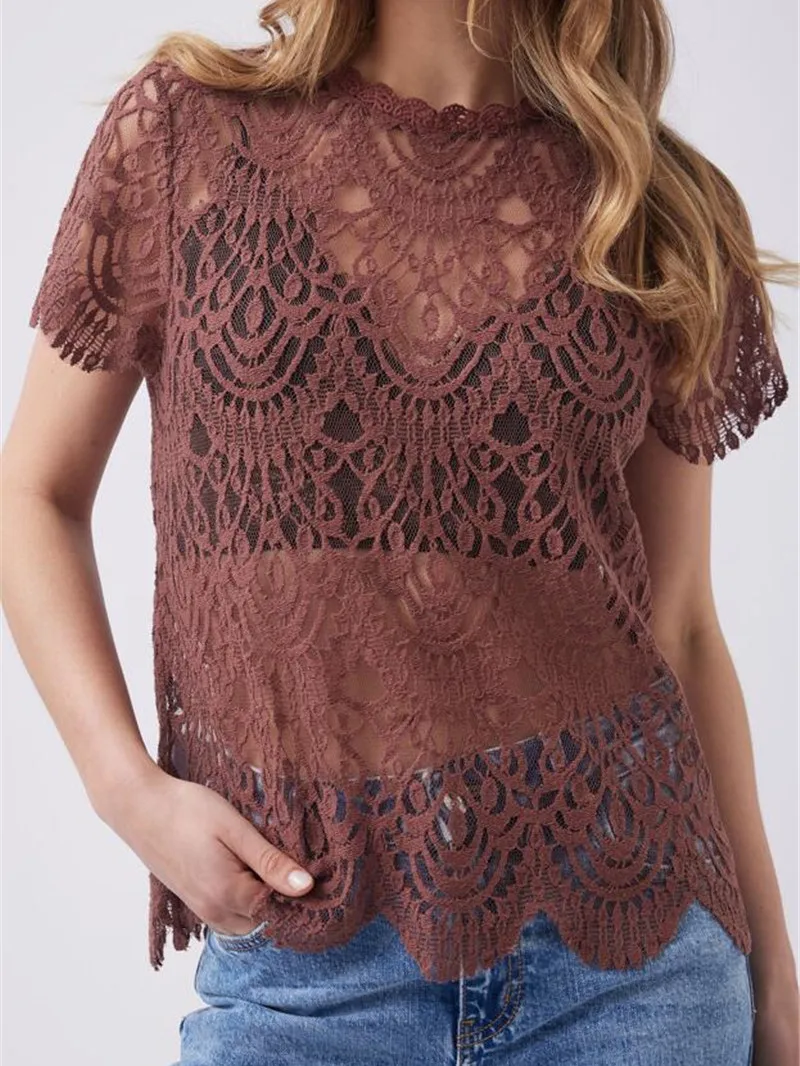 Lace Hollow out round Ne ort Sve Cotton T-irt Women's Summer Casual Sle Top Comfortable Breathable Dj Cotton Lace