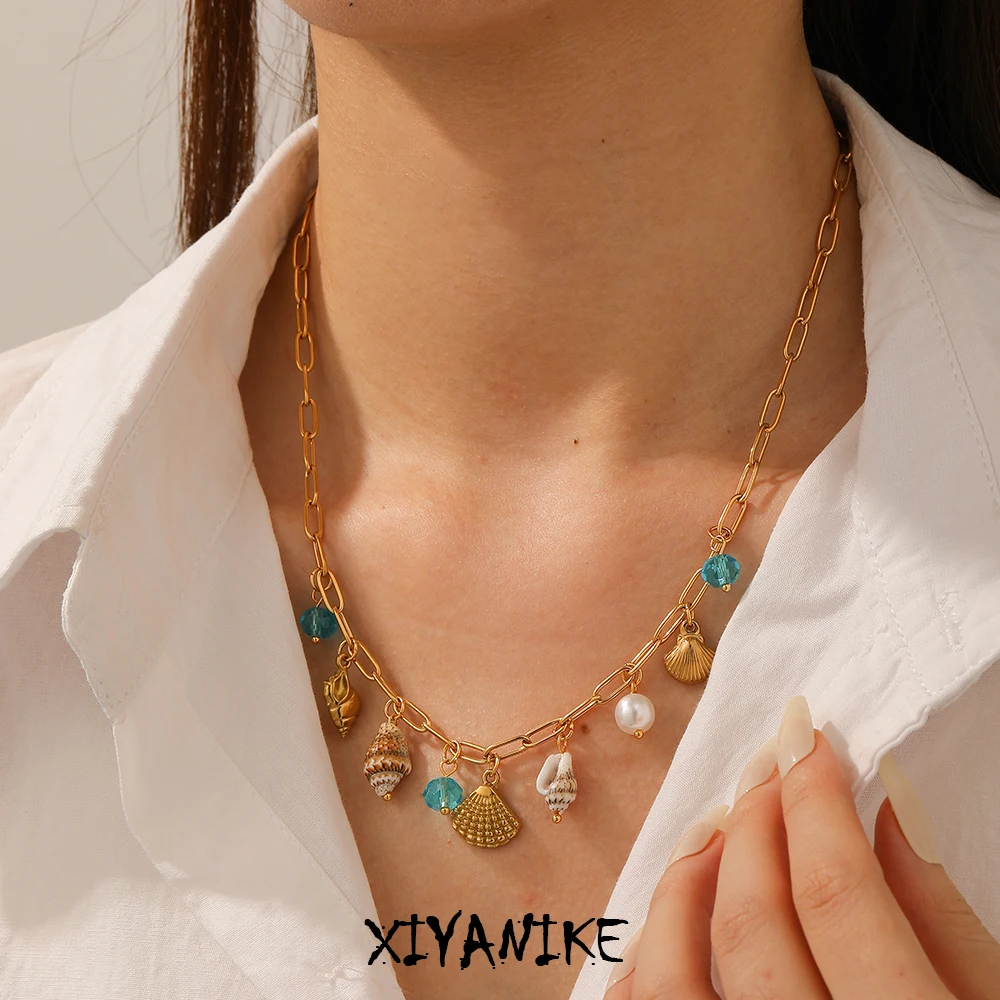 

XIYANIKE 316L Stainless Steel Blue Crystal Shell Conch Pearl Pendant Necklace Women Fresh Ocean Style Neck Chain Jewelry Gifts