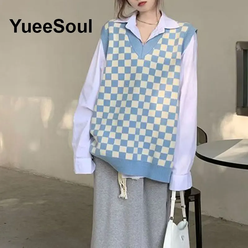 Blue Argyle Women's Vest Plaid Sleeveless Pullover Loose Knitted Sweater Vest 2025 New Autumn Y2K Casual Oversized Waistcoat