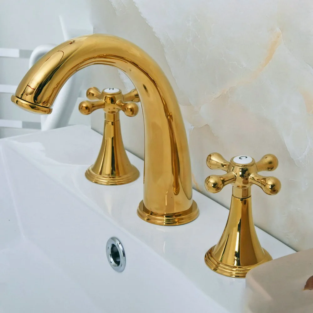 

Luxury Gold Brass 2 Handles Cross Knob Widespread Three Holes 3 Piece Bathroom Faucet Deck Mount Vanity Mixer Sink Tap tgf021