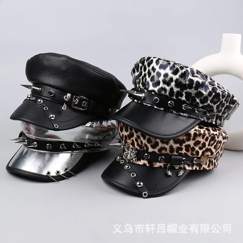 

Women's Vintage Leather Beret Hat with Leopard Print Silver Rivets Slimming Face Daily Fashion Caps for Oval Round Face​