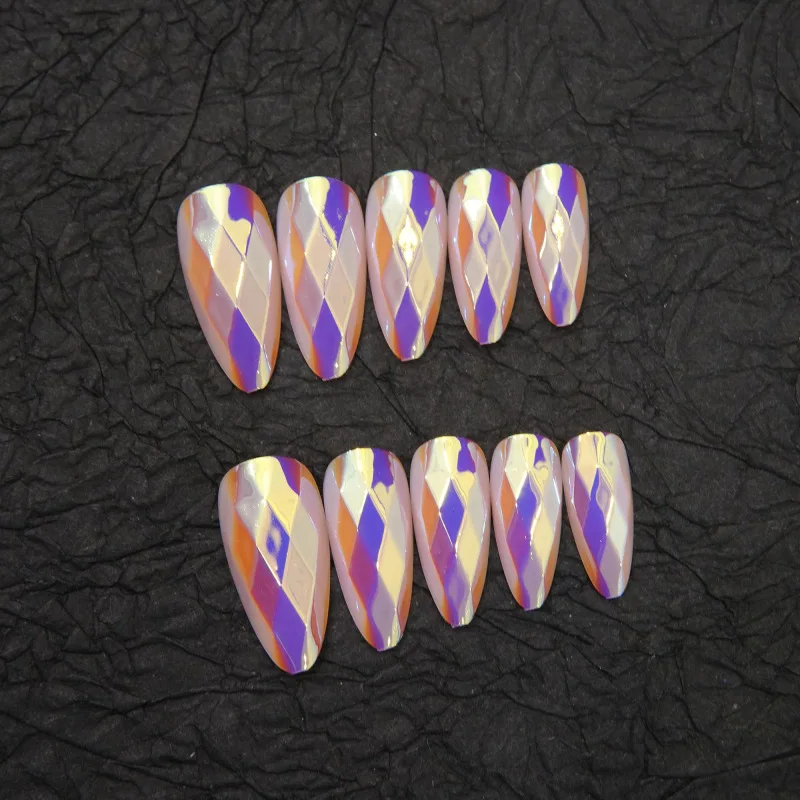 Handmade Medium Almond Press On Nails Iridescent Rhombus Checkerboard Fake Nails Purple Orange Aurora Plaid Trendy Y2K Reusable