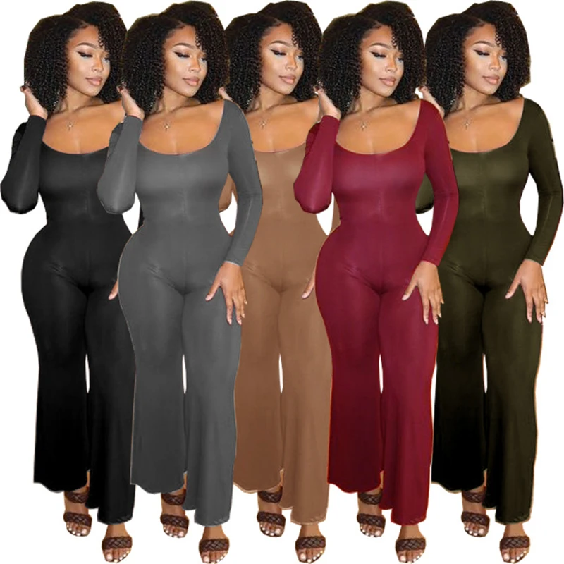 Solid Skinny Sportwear Bodycon Jumpsuit Women Long Sleeve U-neck Flare Pants Rompers Party Night Club One Pieces Overalls Female