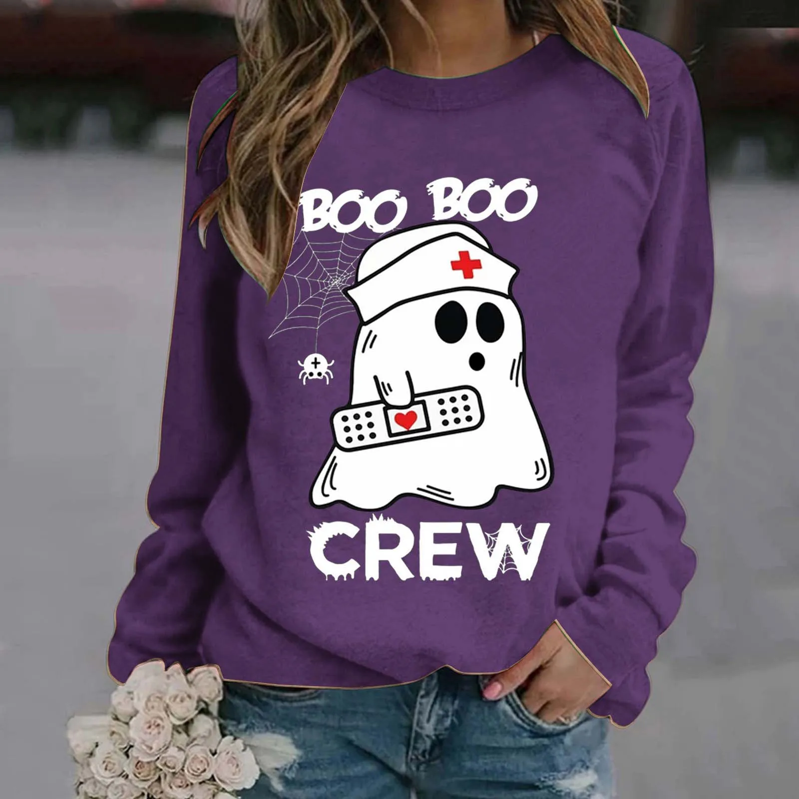 Halloween Hoodie For Women Fashion Long Sleeve Crew Neck New Y2k Clothes Lovely Letter Ghost Print Street Halloween худи