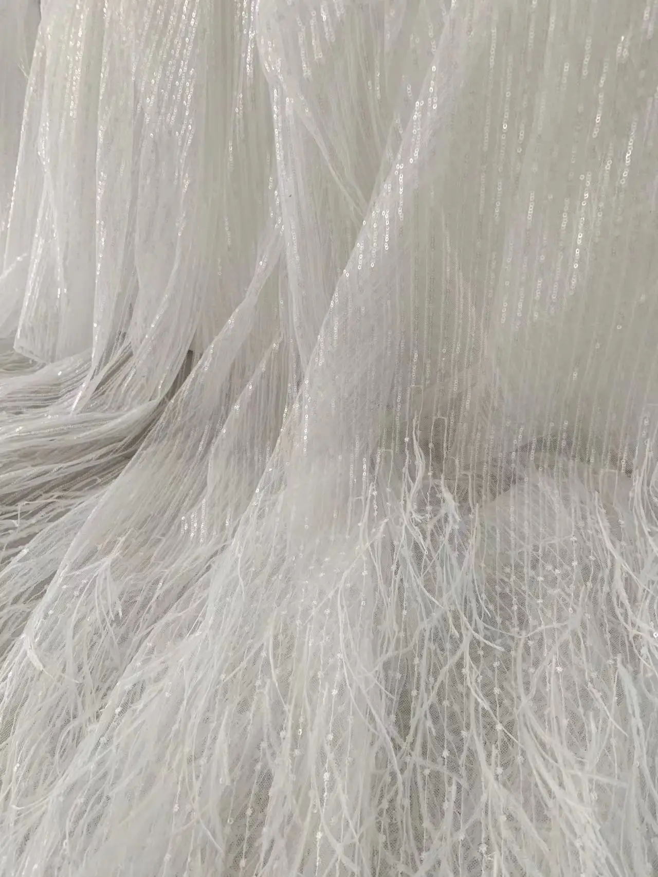 1 Yard Off White Ostrish Feather Tulle Lace Gauze Fabric with Sequins Beaded for Haute Couture,Ball Gown,Bridal Dress,Clothes