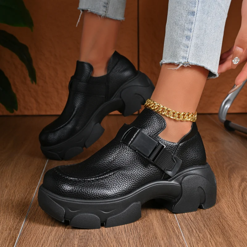 Retro Women Shoes Spring and Autumn Height Increase Thick Soled Casual Leather Shoes Round Head Buckled Platform Sneakers Women