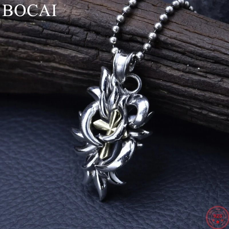 BOCAI S925 Sterling Silver Charms Pendants for Women Men Retro Emboss Eternal Rattan Pattern Cross Amulet Jewelry Wholesale