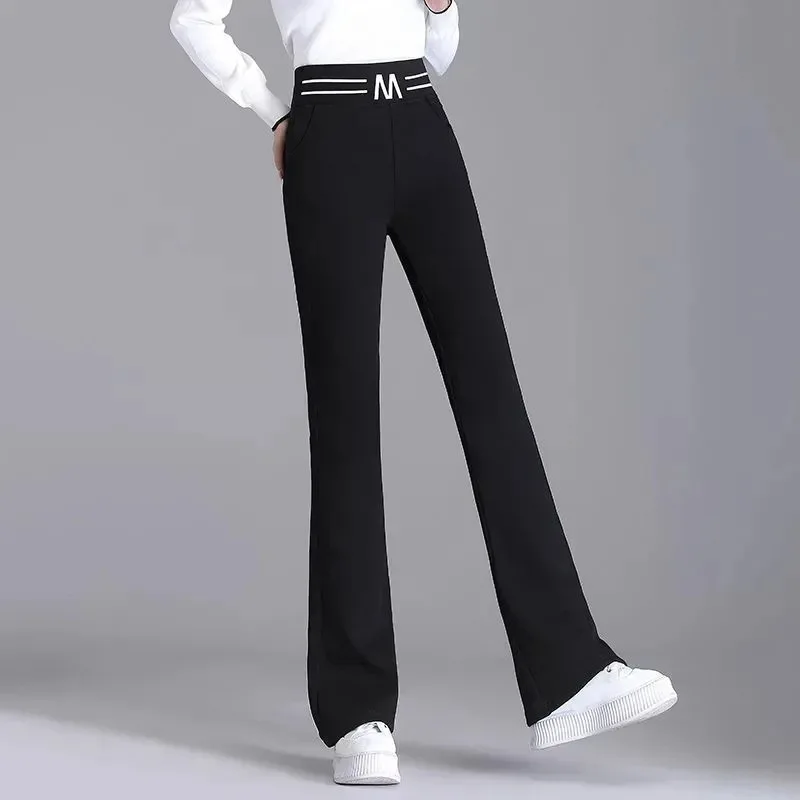 Black Slim Fit Nine-Tenths Bell Bottoms Elastic Waist High Stretch Spring Summer New Style Women's Long Pants Casual Trousers