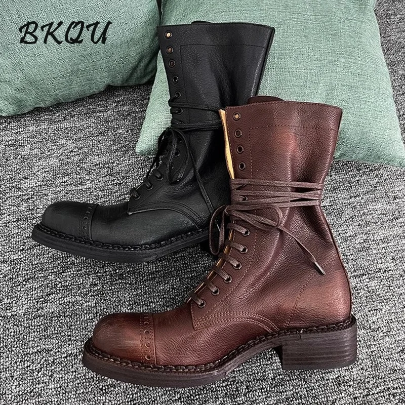 BKQU Maillard Retro Calf Boots Women 2024 New Autumn Color To Do Old Mid Mountain Climbing Soft Leather Lace-up Motorcycle Boots