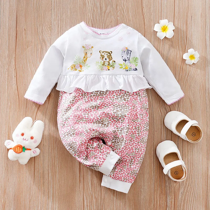 Spring And Autumn Boys And Girls' Cute Cartoon Animal Print Cotton Comfortable Long Sleeve Infant Bodysuit