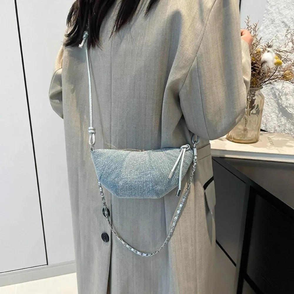Sac à Croissant en chaîne élégant, sacoche de Style coréen avec fermeture éclair, sac à boulettes en Denim, demi-lune, sac à bandoulière en Nylon pour étudiant