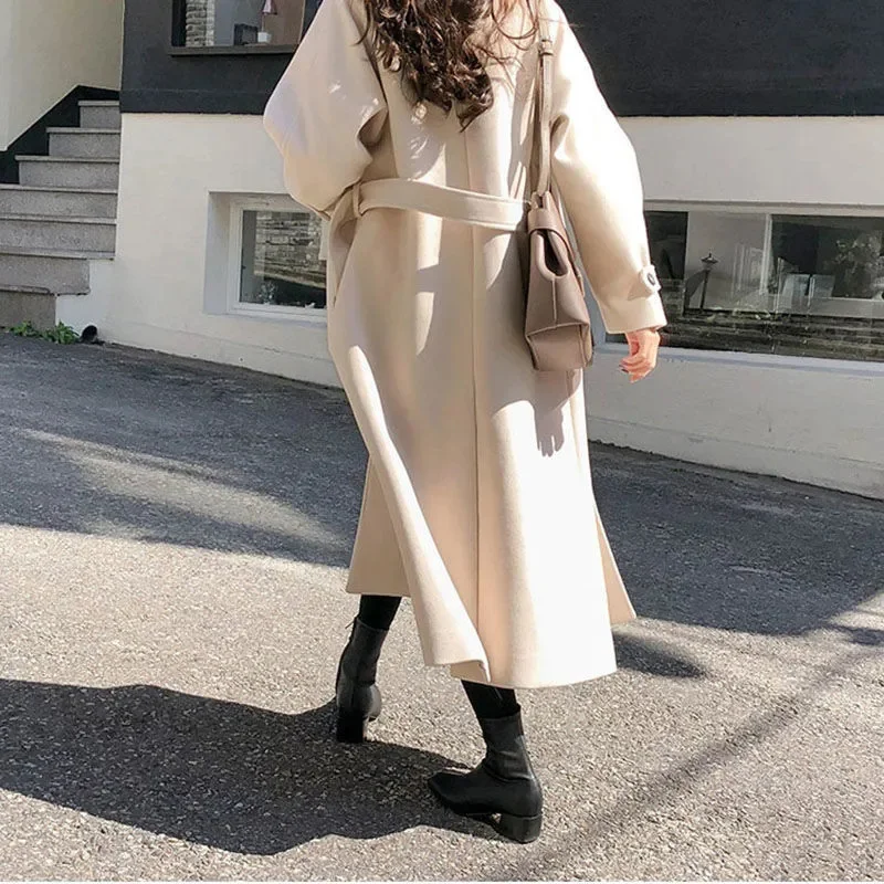 2024 Autumn/Winter New Korean Loose Woolen Jacket Coat Female Slim Temperament With belt Women's Thicken Long Wool Overcoat