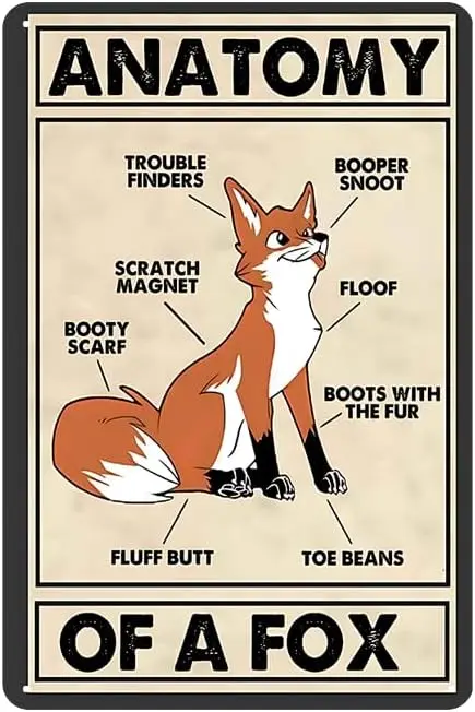 YOYI ART Fox Knowledge Metal Tin Sign - Anatomy of A Fox sign, Vintage Hunting Decor Educational Poster for School, Home and Far