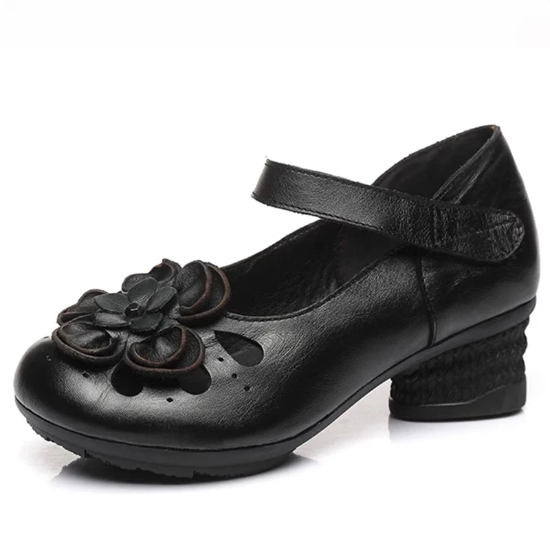 Pumps Women Shoes New Autumn Genuine Leather Hook & Loop Round Toe Retro High Heels Handmade Leisure Ladies Shoes