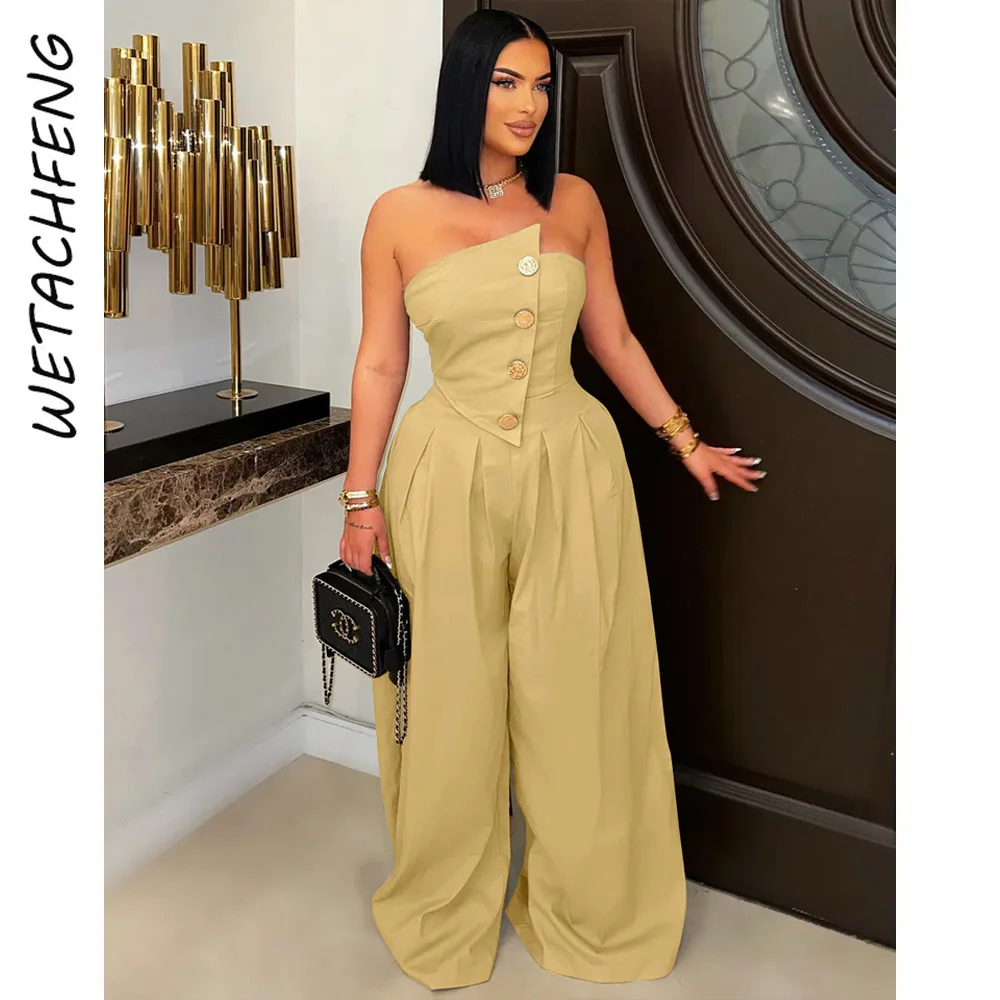 

Women's Sexy Strapless Sleeveless Wide Leg Jumpsuit with Metal Buttons Fashionable Summer Casual Party Outfit Solid Overalls