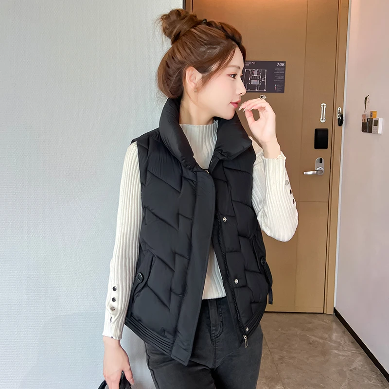 

Женский пуховый хлопковый жилет, осенне-зимний свободный верхний костюм с воротником-стойкой на молнии, однотонный джемпер для поездок на работу