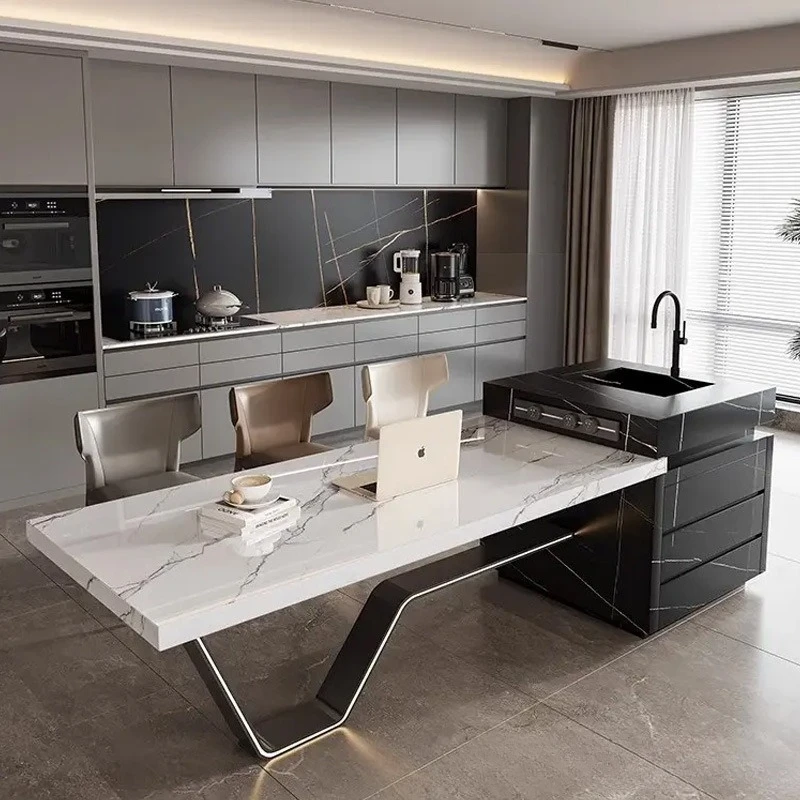 

Modern light luxury Dragon Head-Raising Day rock slab island dining table integrated full light strip operation table