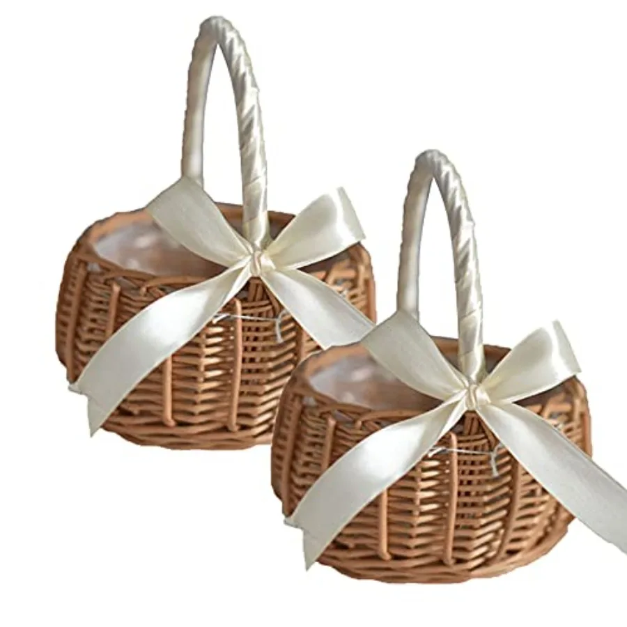 Ensemble de paniers de fleurs de mariage pour filles, 2 pièces, panier de fleurs en rotin et osier avec poignée pour la distribution de pétales et le stockage de bonbons, Ratt élégant