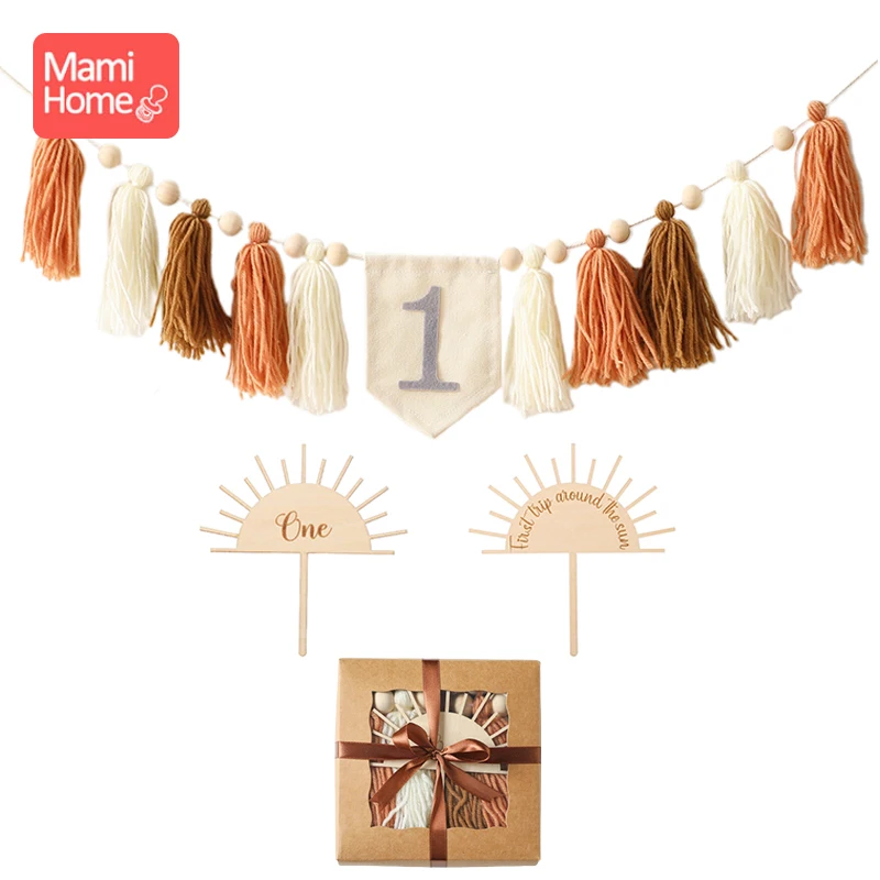 

Baby Dining Chair Tassel Banner Cake Birthday for Kids Wooden Baby Month Milestone Card Christmas Decoration Photography Props