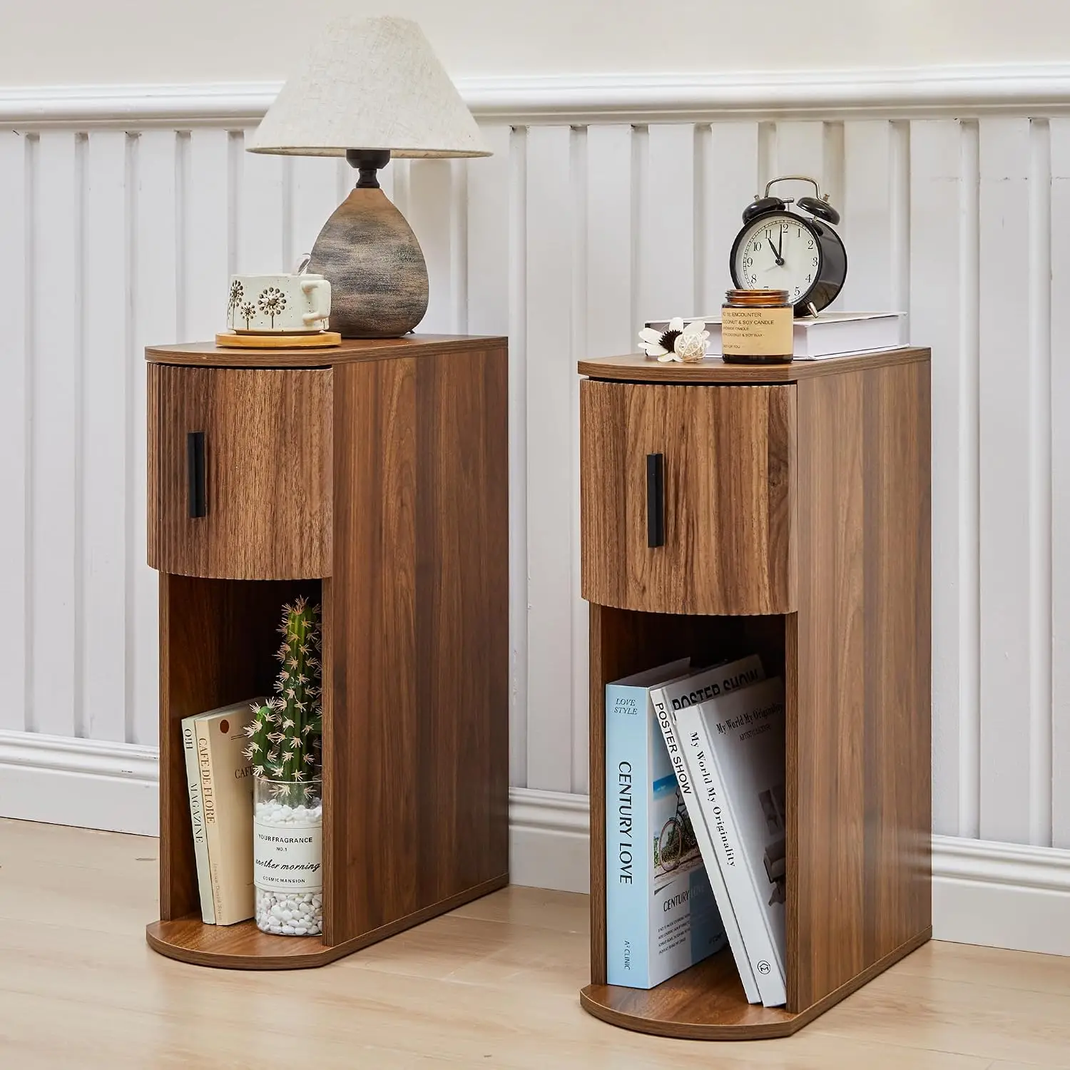 Narrow Nightstand Set Of 2, Fluted Small Night Stand, Slim Curved Storage End Table With Drawer, Mid Century Modern, Customized