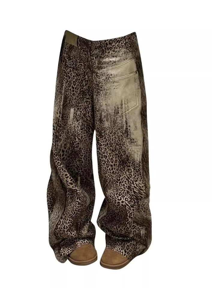 Plus size americano retro emenda fluff leopardo impressão jeans de cintura alta nova menina legal outono inverno rua calças de perna larga esfregar