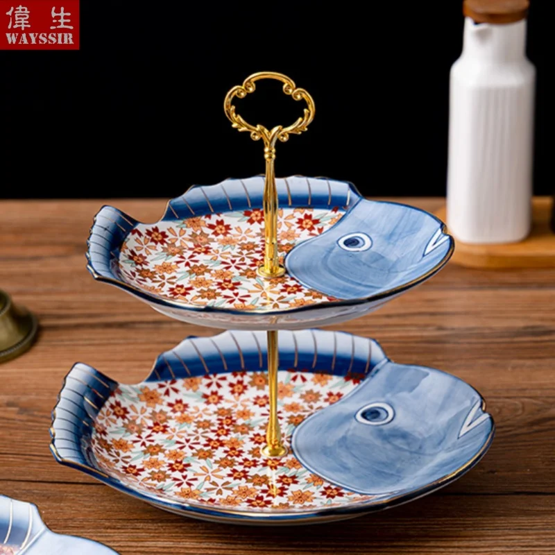 

Hand Made Creative Fish-shaped Ceramic Dinner Charger Plate, Sakura Design Dessert Dish, Two Tiers String Blue Porcelain Plate