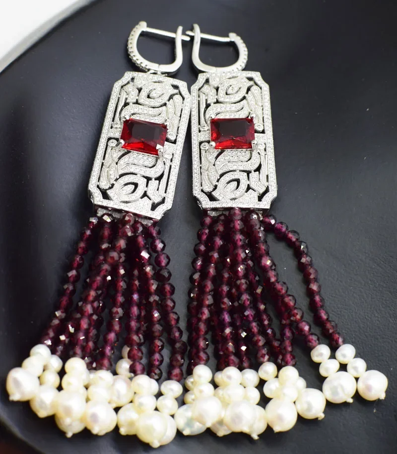 

freshwater pearl white and red garnet 3mm round faceted earrings + red zircon hook wholesale beads nature