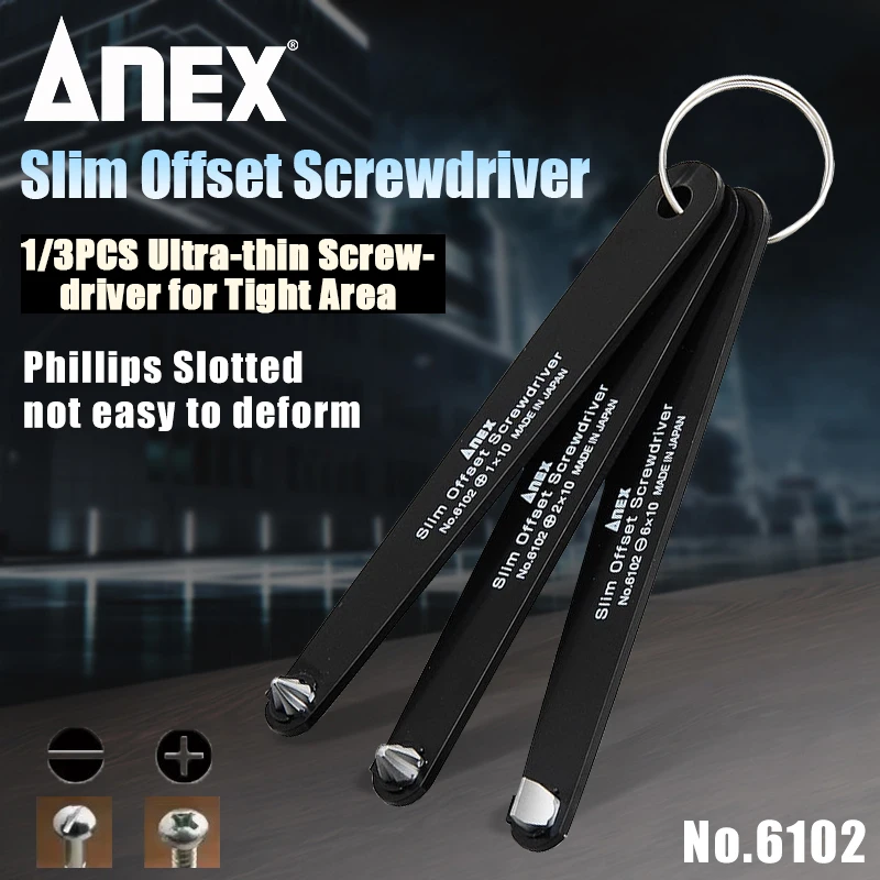 

ANEX 1/3PCS Ultra-thin Screwdriver Set for Tight Area Profile Offset Phillips/Slotted Screwdriver Japan Tools No.6102 Series