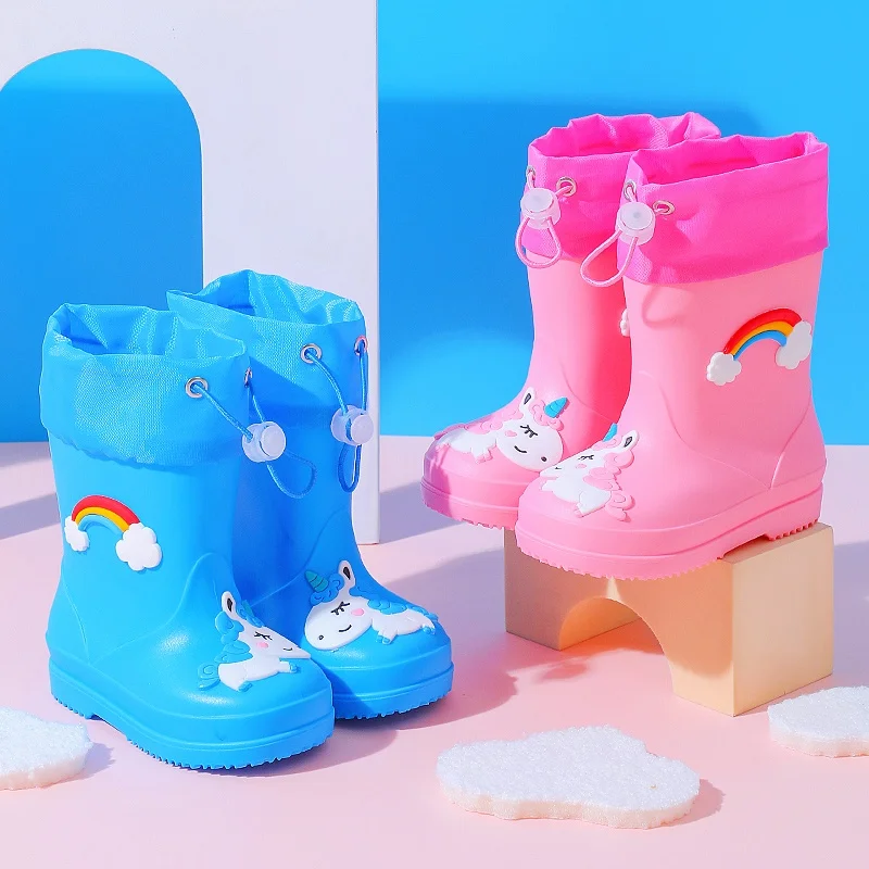 Stivali da pioggia impermeabili con motivo arcobaleno adorabile in tinta unita da ragazza, comode scarpe da acqua durevoli antiscivolo per bambini